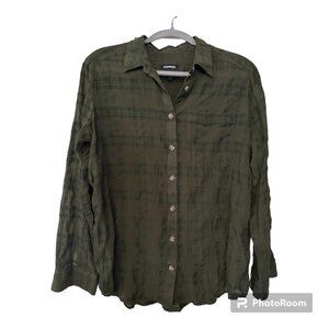 Women's Express Boyfriend style green plaid button down long sleeve shirt - L